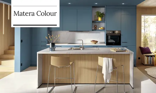 Contur Matera Design Inselküche Stahlblau